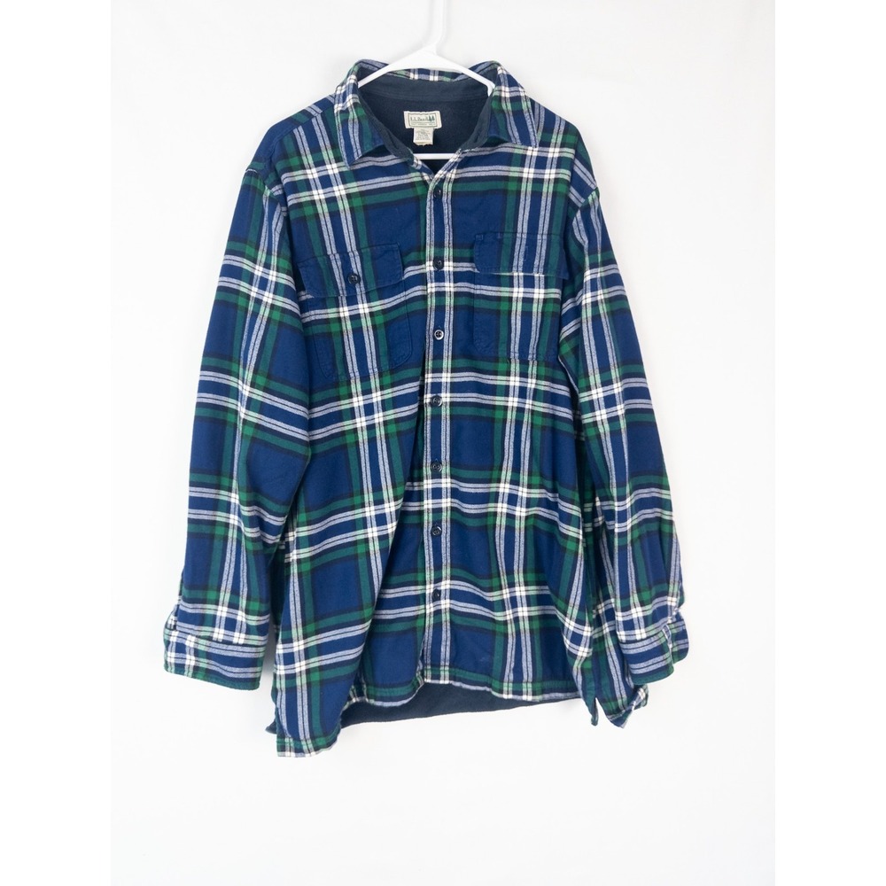 VTG LL Bean Fleece Shirt Jacket Mens LT Plaid Button Up Pockets 100% Cotton